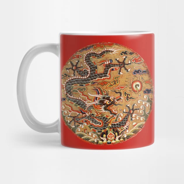 FIVE CLAWED BLACK DRAGON IN GOLD FLORAL SWIRLS Chinese Embroidery in Red by BulganLumini